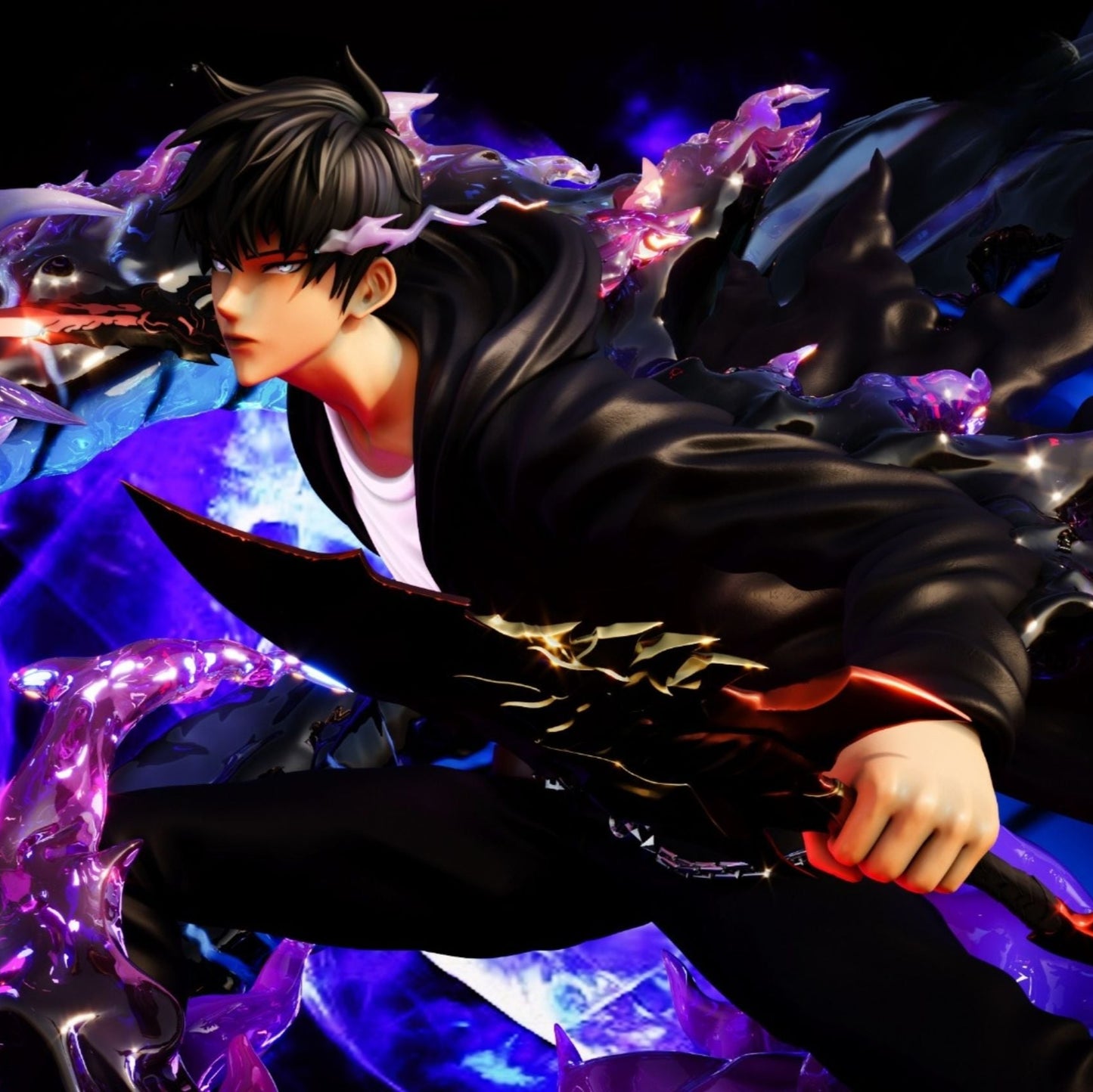 Animated character with a sword surrounded by glowing effects on a dark background