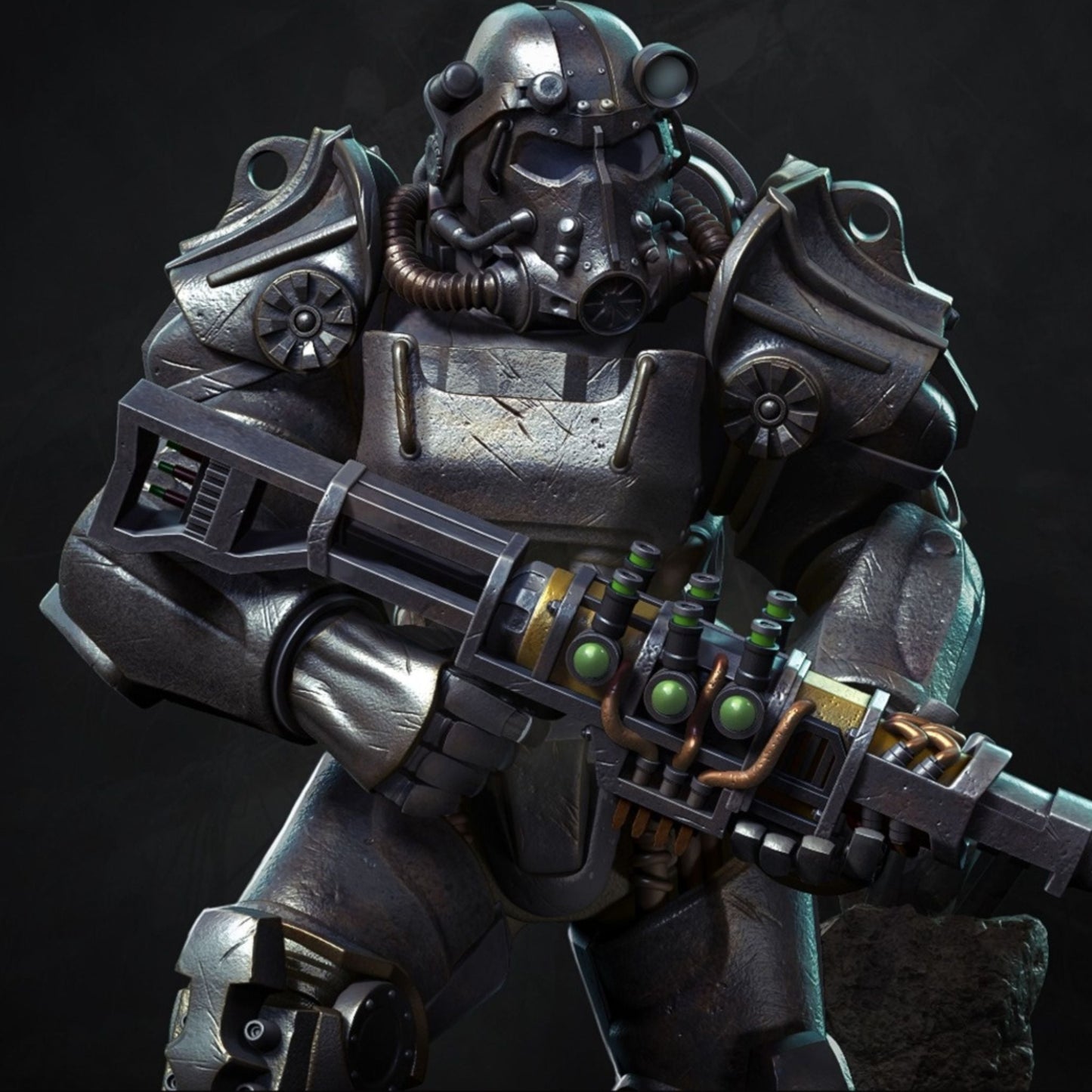 Character in futuristic armor holding a weapon on a dark background