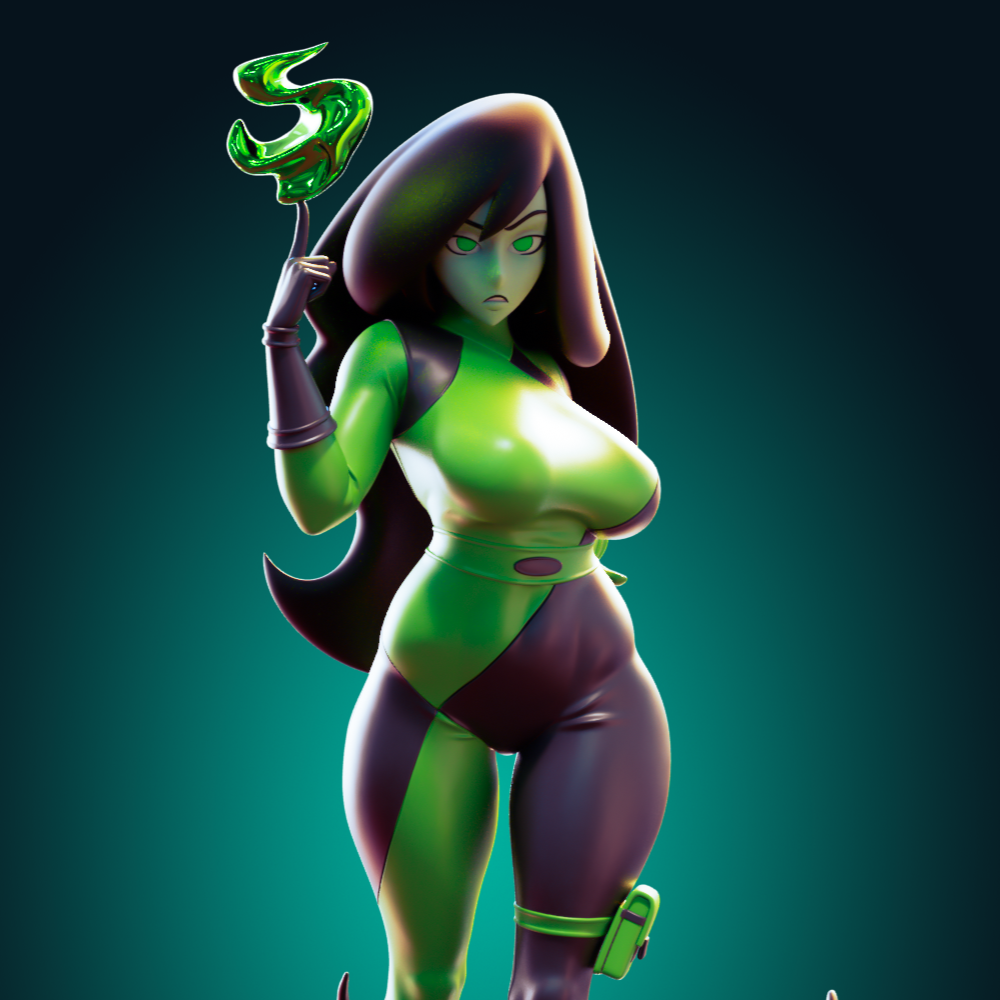 Statue of a character in green and black costume with a dark background
