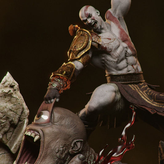 Statue of a warrior in a dynamic pose with a dark background