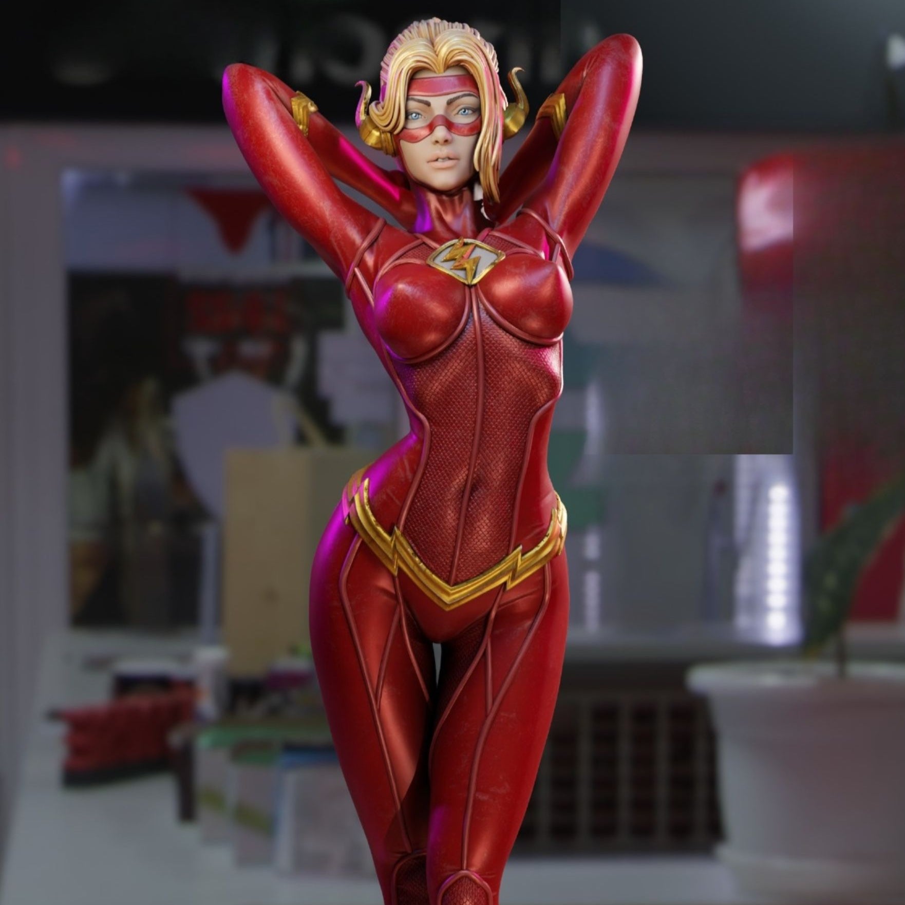 Superhero figurine in red and yellow costume on a wooden surface