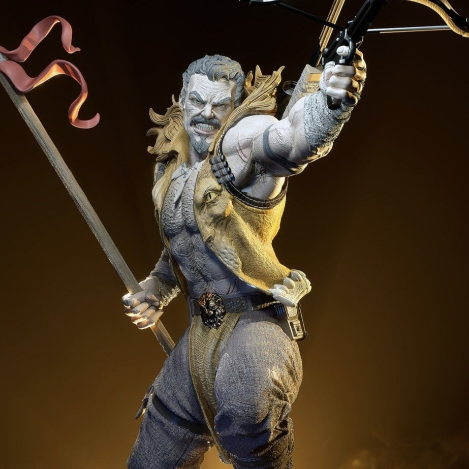 Statue of a warrior with a bow and spear against a dark background