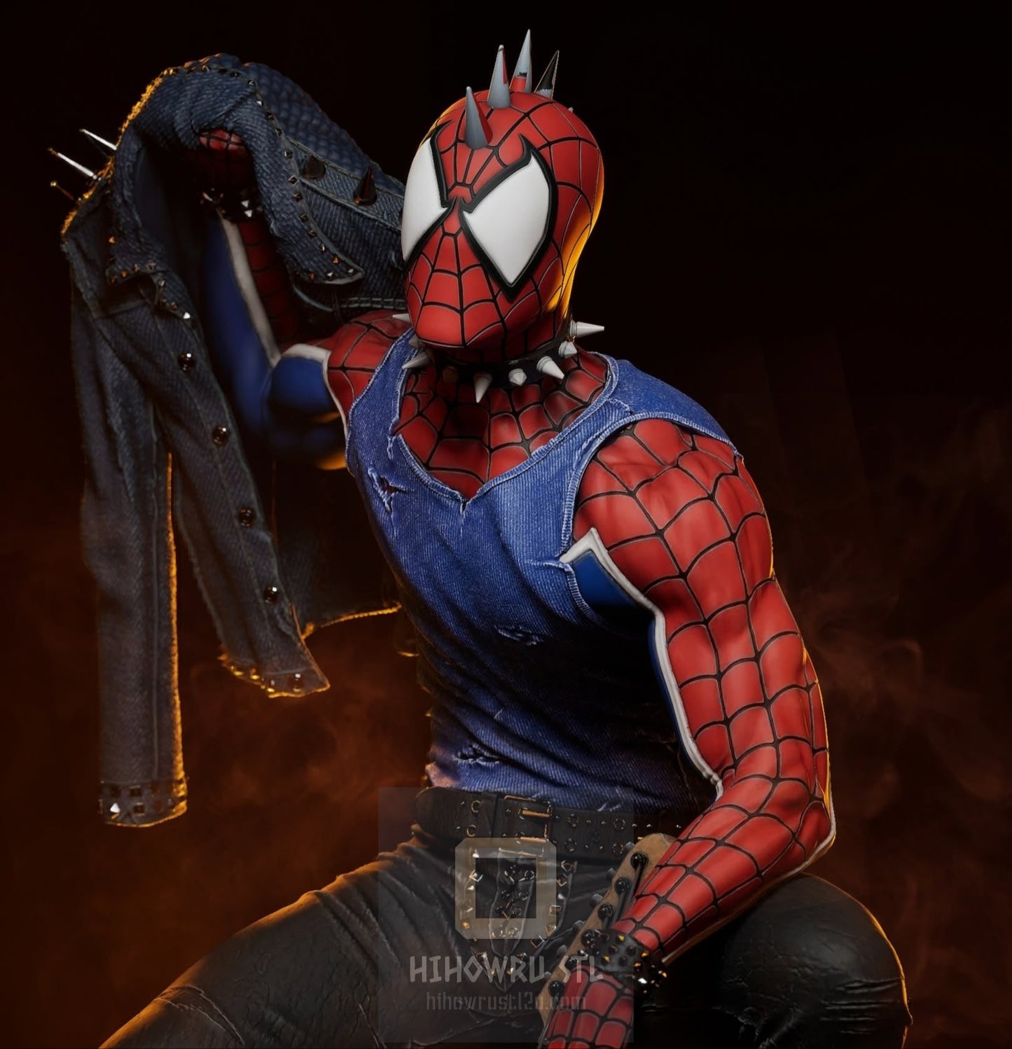 Person wearing a Spider-Man costume with a dark background