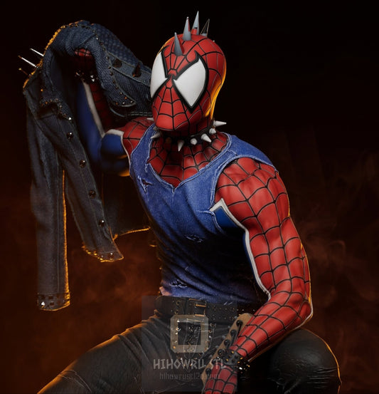 Person wearing a Spider-Man costume with a dark background
