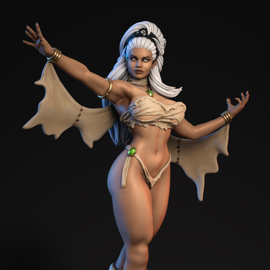 Statue of a fantasy character with wings on a dark background