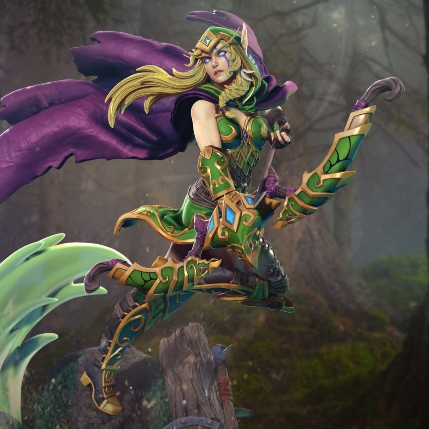 Fantasy character with purple cape and green armor in a forest setting