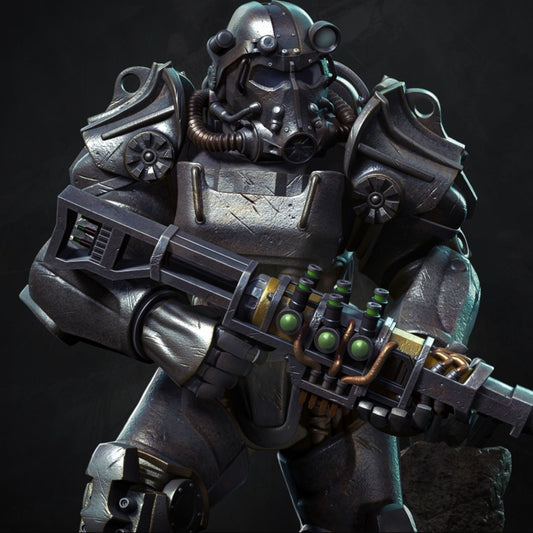 Character in futuristic armor holding a weapon on a dark background