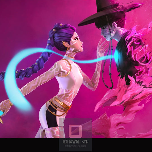 Animated character with purple hair and a glowing blue weapon against a pink background