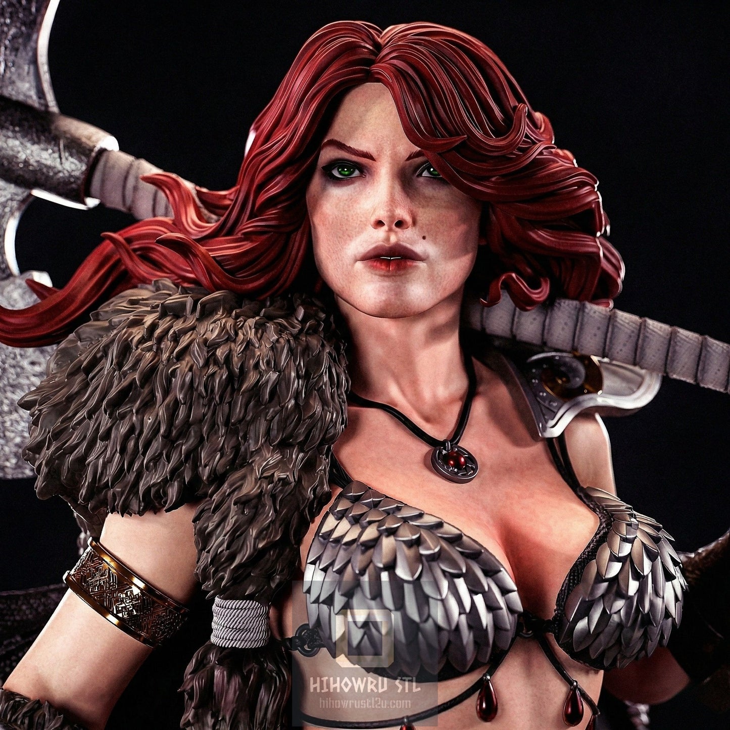 Character with red hair and warrior attire holding a weapon on a dark background