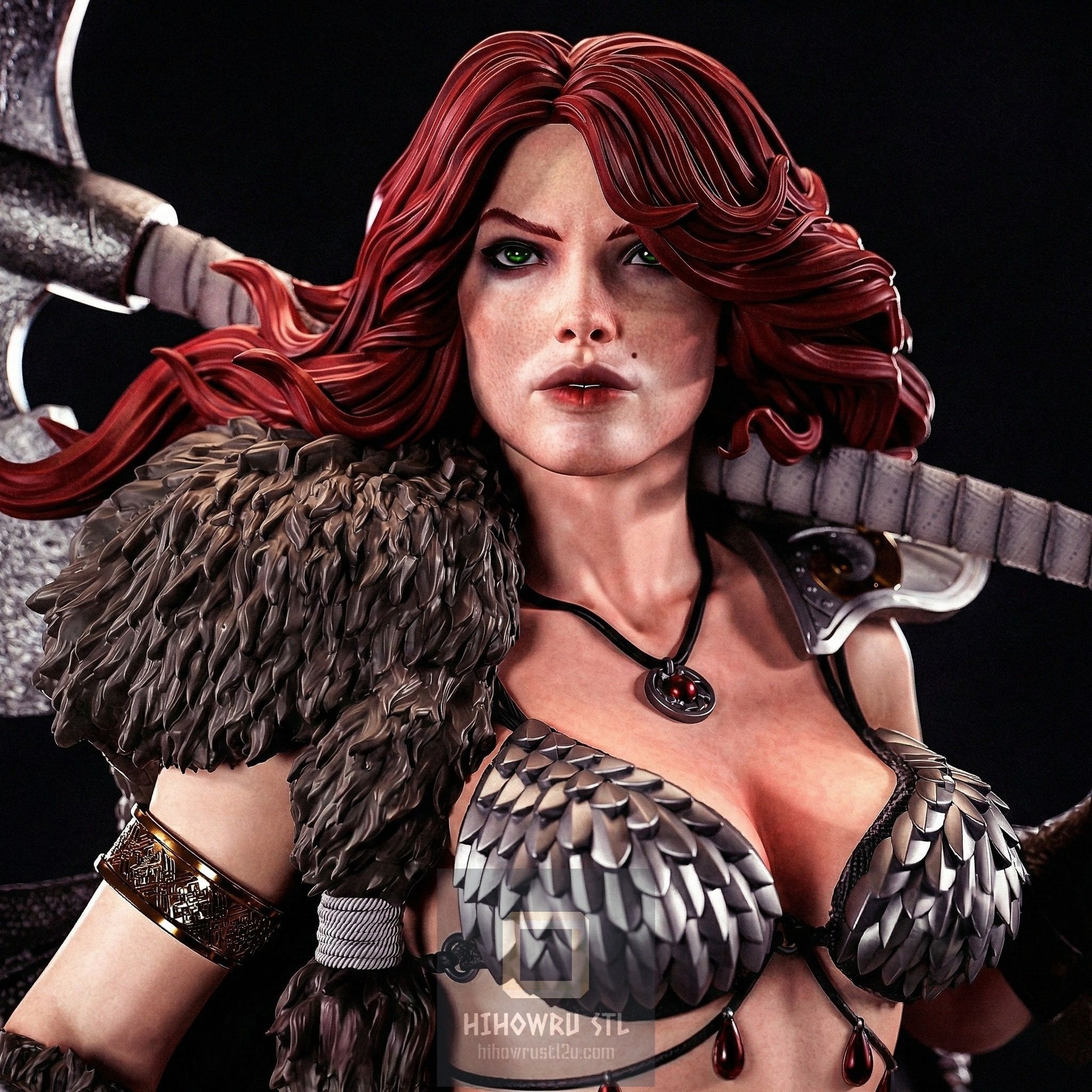 Character with red hair and warrior attire holding a weapon on a dark background