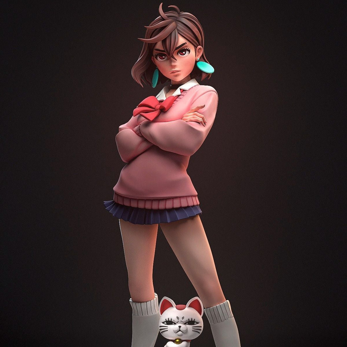 Statue of a character in a pink outfit with a small cat-like creature on a dark background