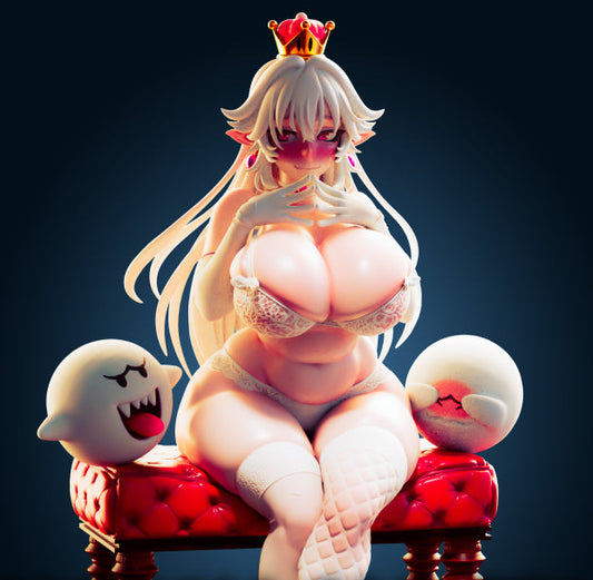 Animated character named 'Princess Boolette' sitting on a red chair with a dark background.