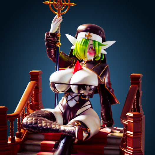 Figurine of a character named 'Gardevoir Nun' holding a cross on a dark background