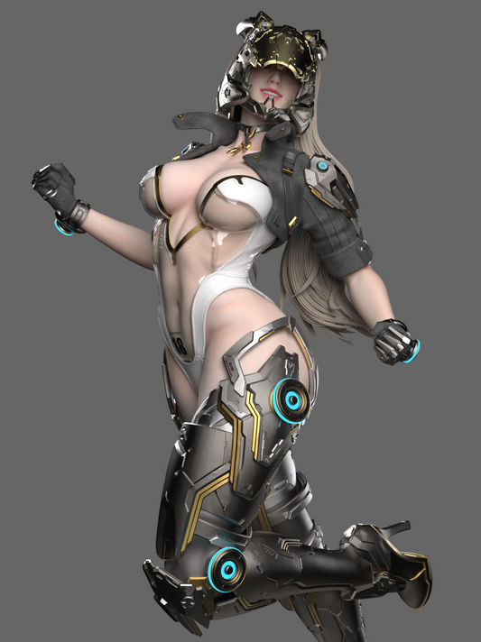 Character in futuristic armor on a white background