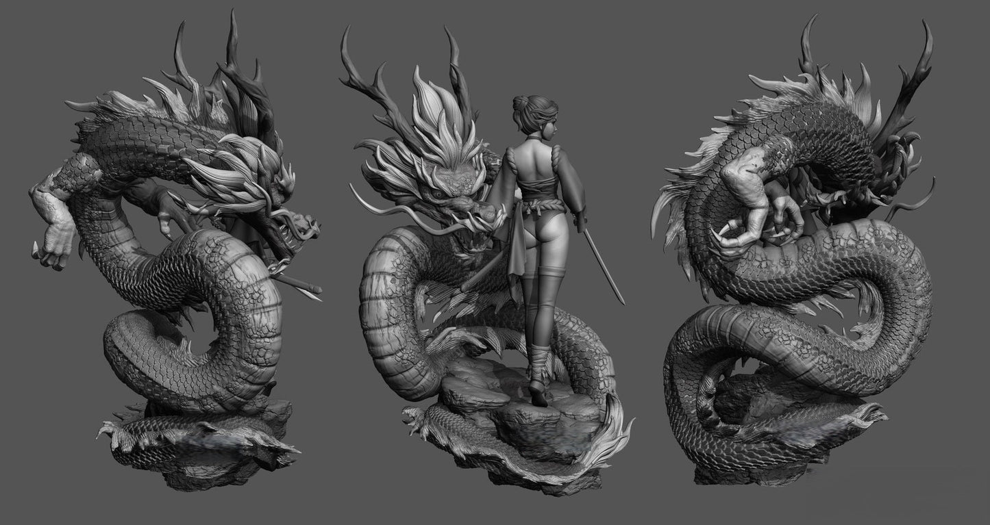 Female Samurai And Dragon - STL 3D Print Files