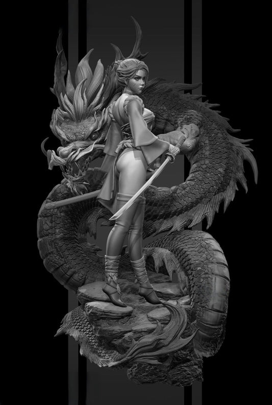 Female Samurai And Dragon - STL 3D Print Files