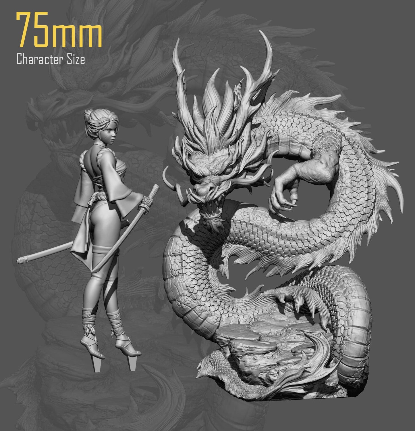 Female Samurai And Dragon - STL 3D Print Files